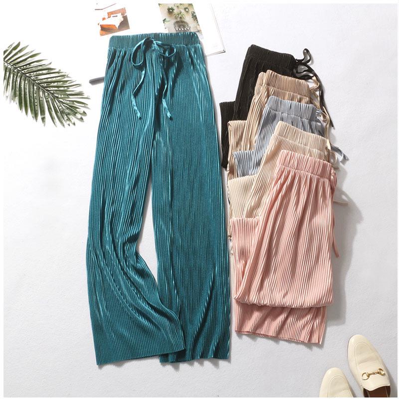 Women Fashion Summer Wide Leg Pants Pleated Ice Silk Trousers Elastic Waist Loose Casual