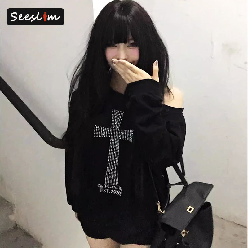 Seeslim Cross One-shoulder Graphic Hoodies Long Sleeve Black Women's Sweatshirts Harajuku