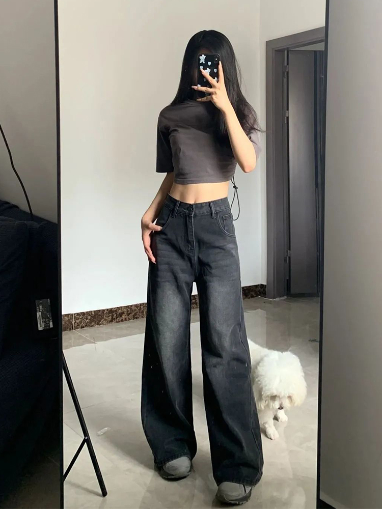 Korean Vintage High Waist Women's Jeans Y2K Slimming Pear-Shaped Loose Straight Bell