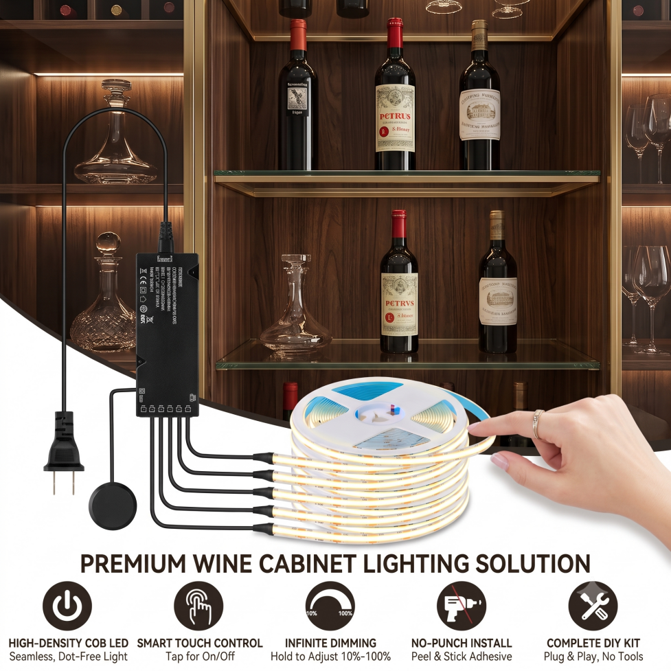 Sync Control Touch Dimming COB LED Strip 320LEDs/M with Black Power Supply for Kitchen