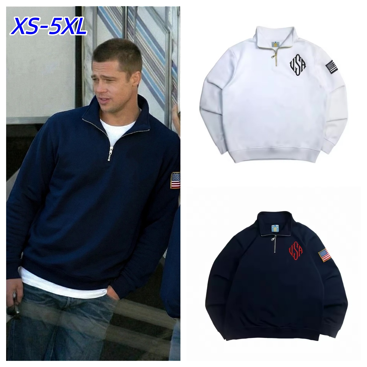 Pitt Y2K Retro Sweatshirt Sleeve Embroidery US Flag Stand Collar Quarterzip Pullover